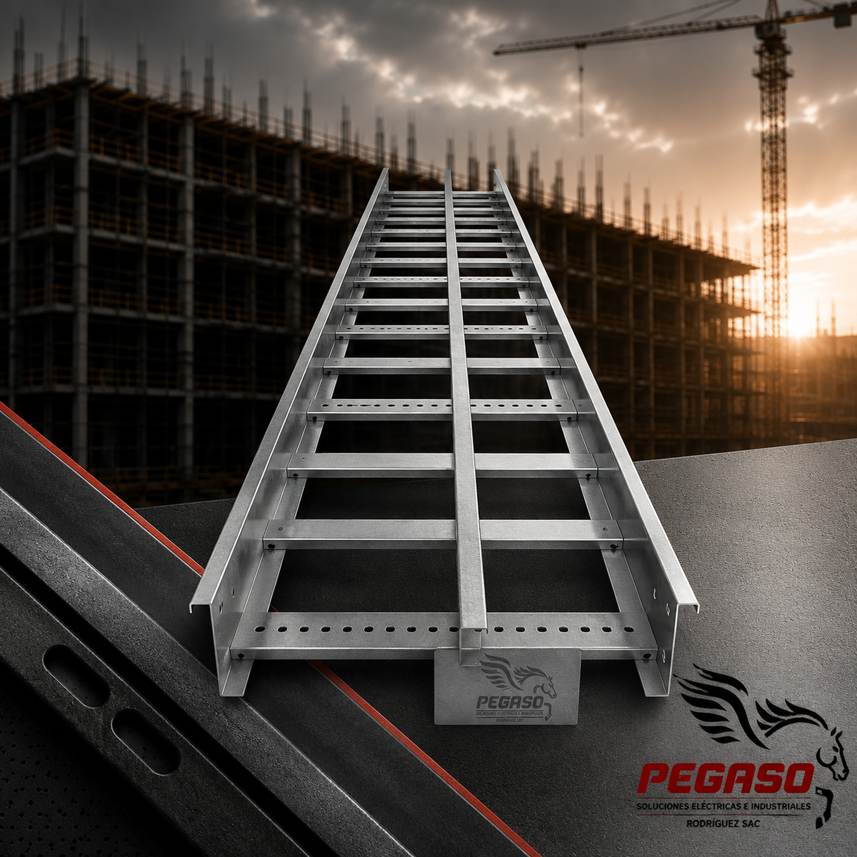 Bandeja portacables tipo escalerilla galvanizada con división Pegaso Industrial para instalaciones eléctricas industriales.