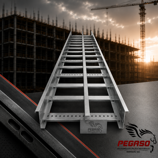 Bandeja portacables tipo escalerilla galvanizada con división Pegaso Industrial para instalaciones eléctricas industriales.