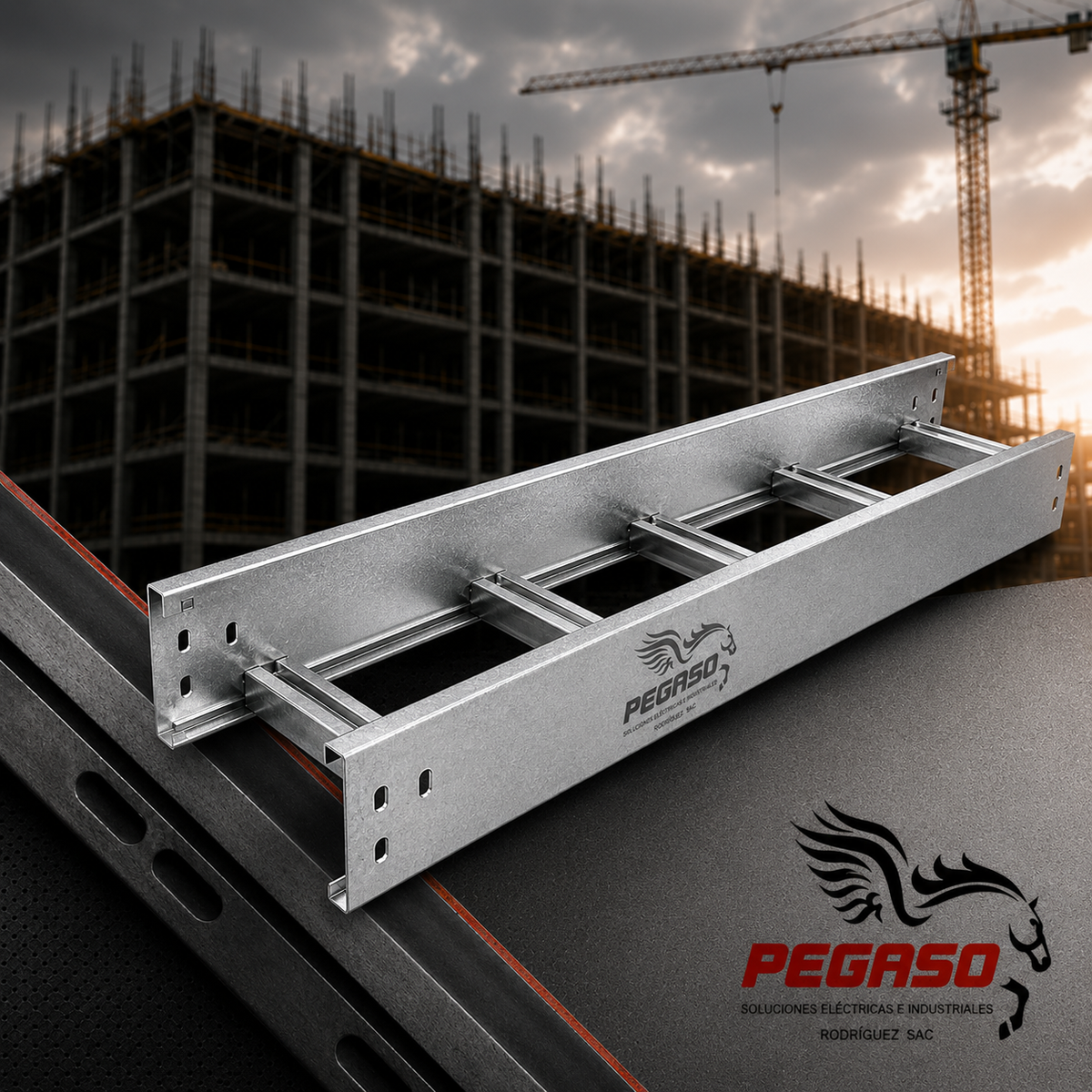 Bandeja portacables tipo escalerilla galvanizada Pegaso Industrial para instalaciones eléctricas industriales.