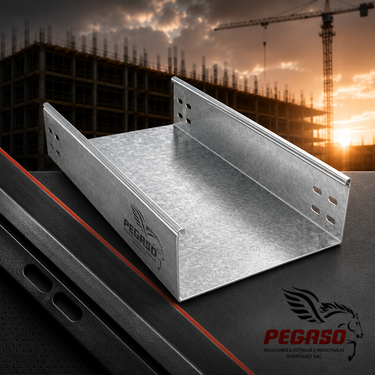 Bandeja portacables lisa galvanizada Pegaso Industrial fabricada en fierro galvanizado para instalaciones eléctricas industriales.