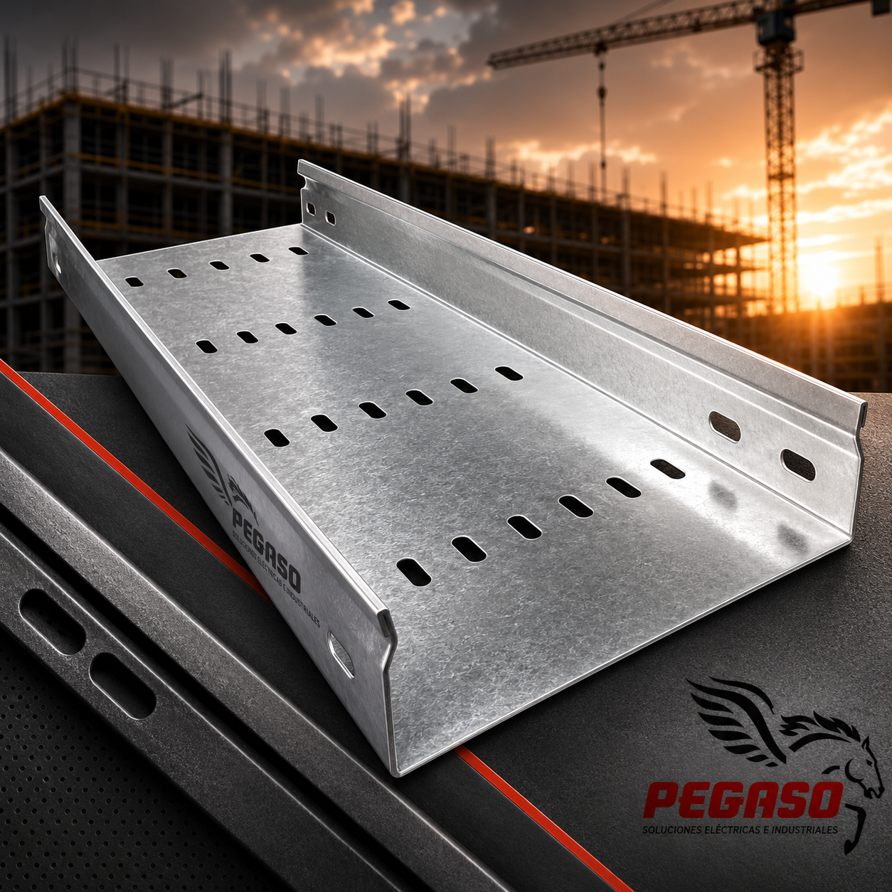 Bandeja portacables ranurada galvanizada Pegaso Industrial fabricada en fierro galvanizado para instalaciones eléctricas industriales.