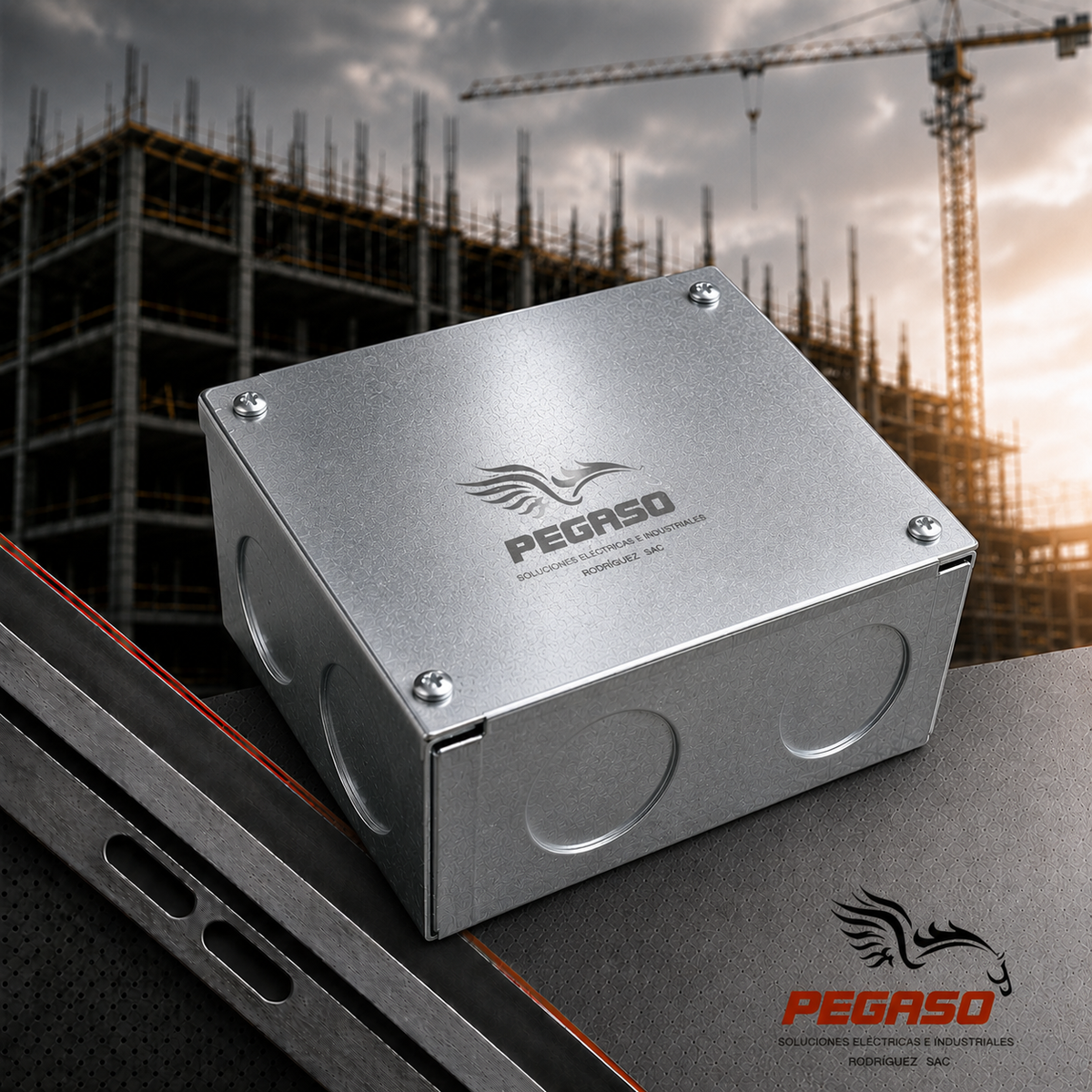 Caja de pase metálica galvanizada troquelada con tapa y pernos Pegaso Industrial.