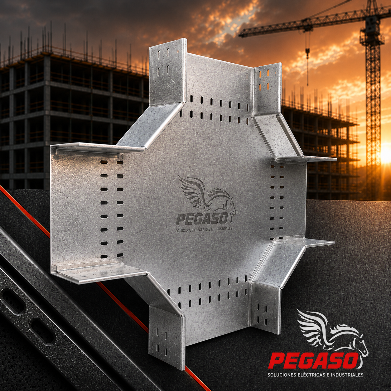 Cruz horizontal ranurada para bandeja portacables galvanizada de Pegaso Industrial, ideal para distribución de cableado eléctrico en cuatro direcciones