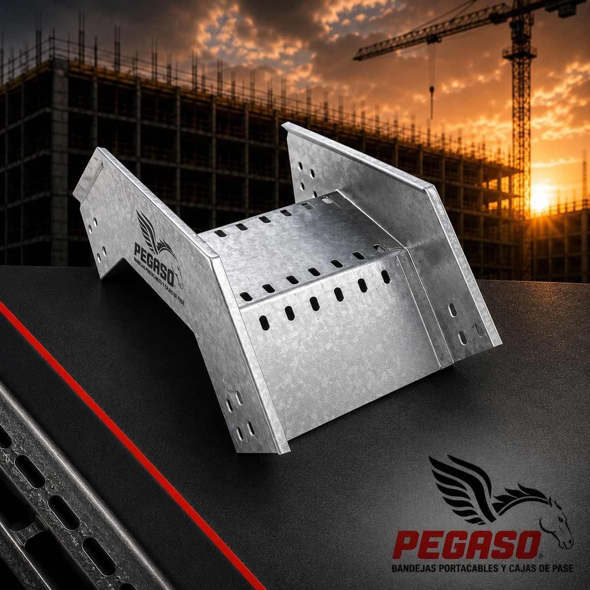 Curva vertical externa ranurada para bandeja portacables tipo escalerilla en fierro galvanizado ASTM A653 - Pegaso Industrial.
