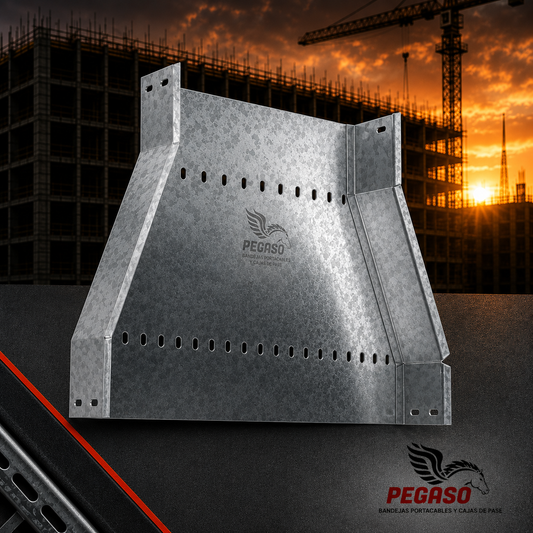 Reducción horizontal ranurada para bandeja portacables tipo escalerilla fabricada en acero galvanizado ASTM A653 por Pegaso Industrial.